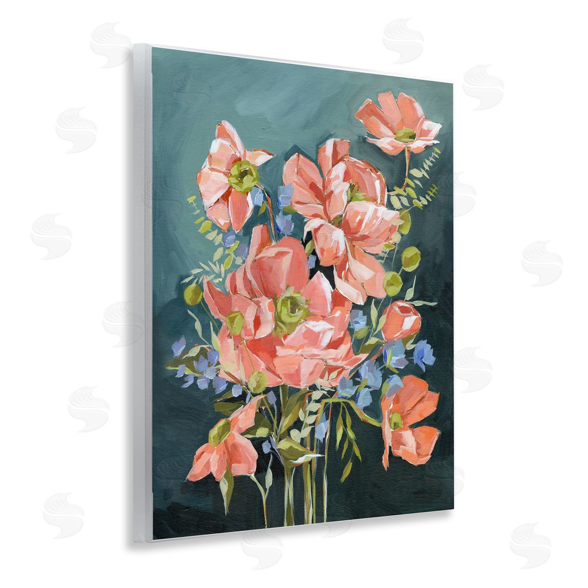 Annie Quigley Rich Pink Flowers on Blue Canvas Wall Art Print