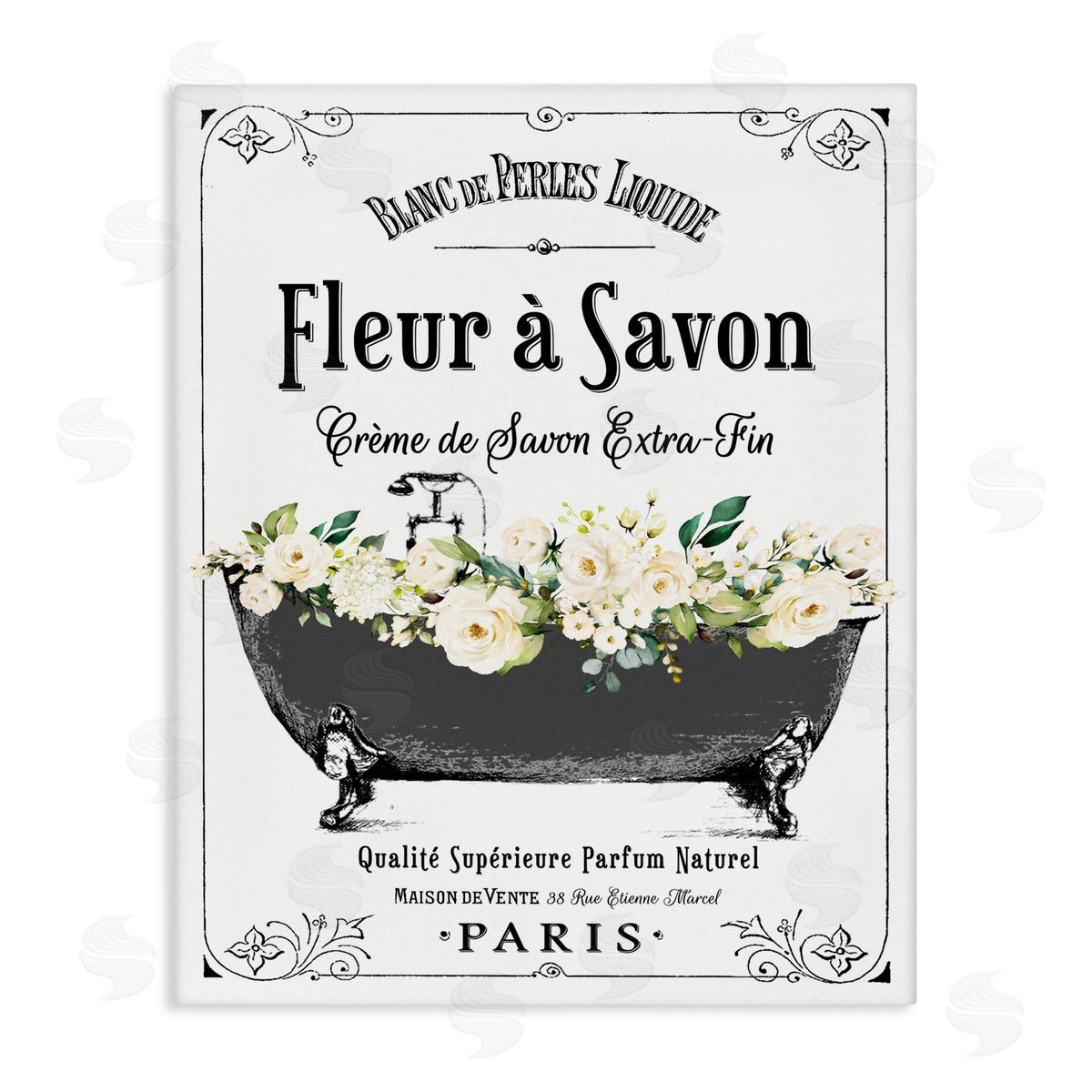 Lettered and Lined French Flower Bathtub Canvas Wall Art Print