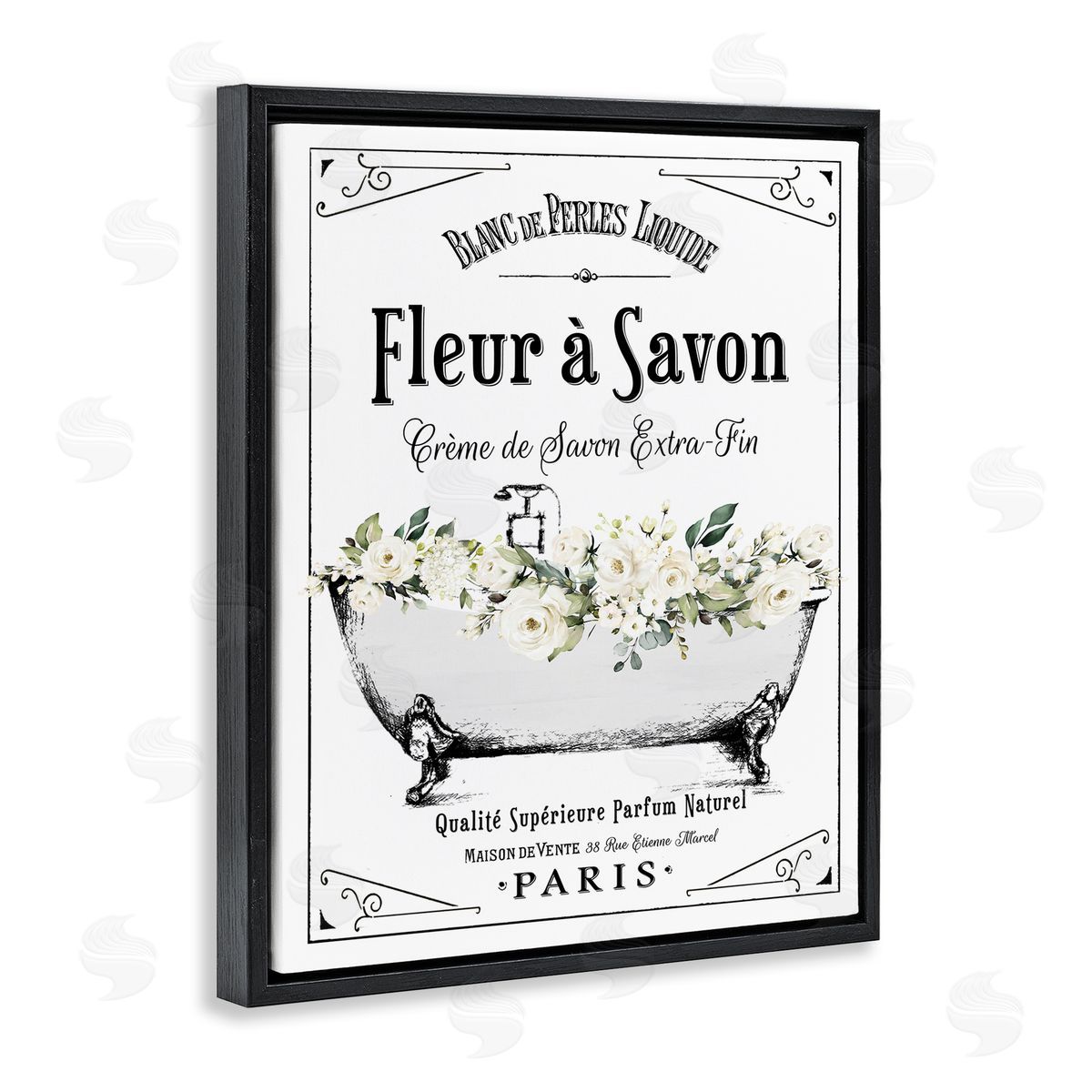 Lettered and Lined White Florals French Bathtub Canvas Wall Art Print