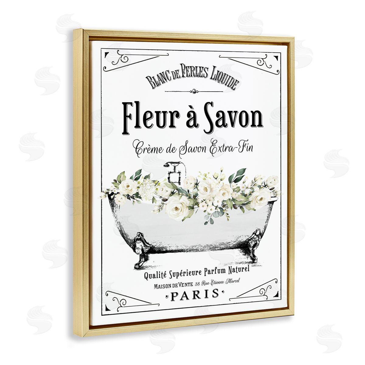 Lettered and Lined White Florals French Bathtub Canvas Wall Art Print
