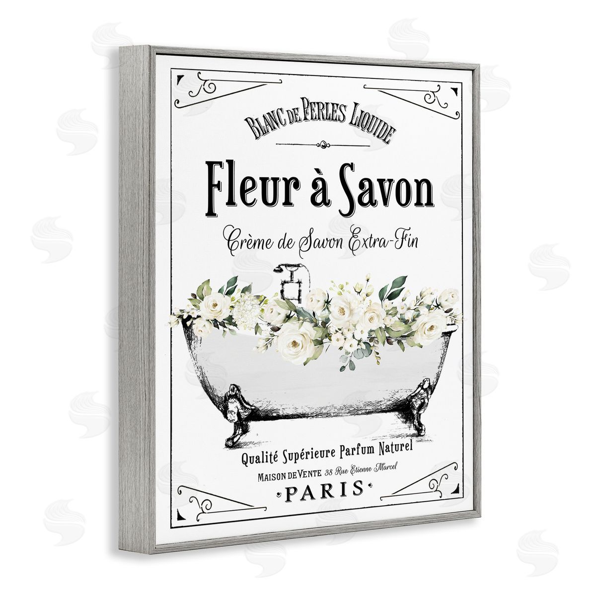 Lettered and Lined White Florals French Bathtub Canvas Wall Art Print