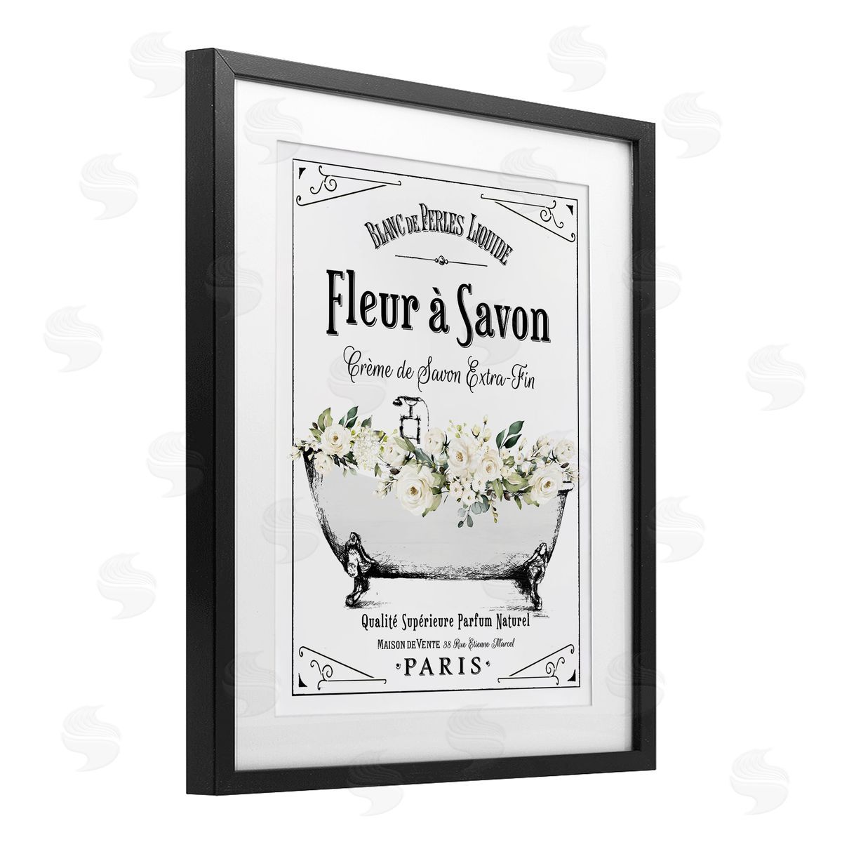 Lettered and Lined White Florals French Bathtub Canvas Wall Art Print