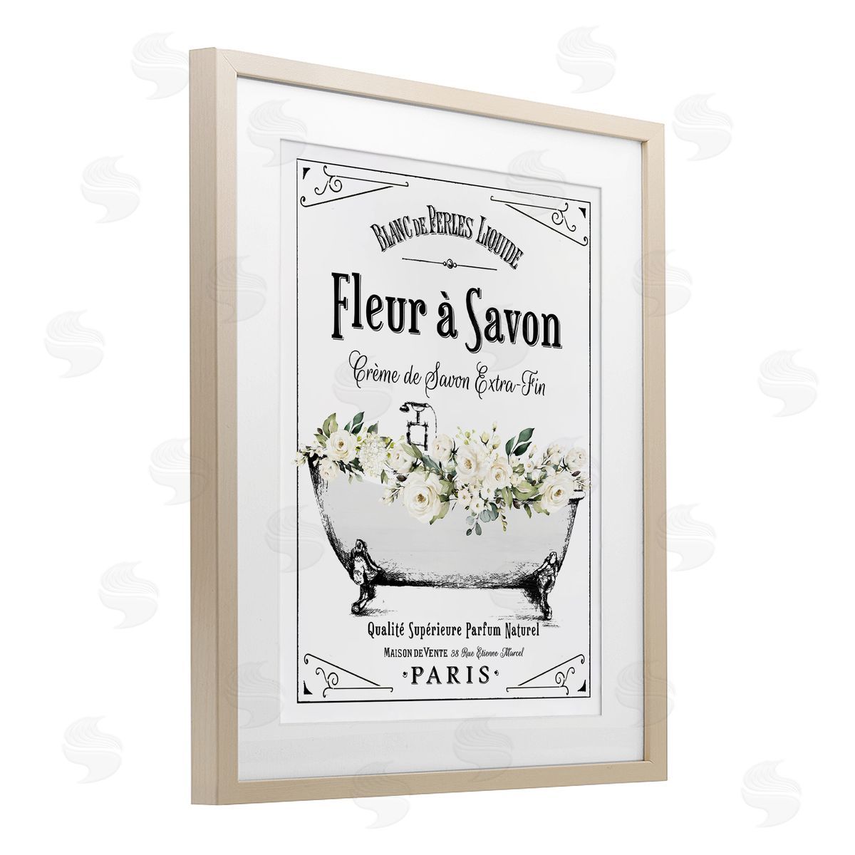 Lettered and Lined White Florals French Bathtub Canvas Wall Art Print