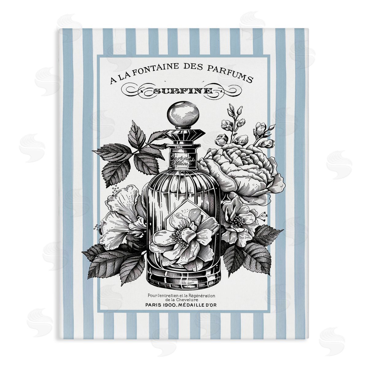 Lettered and Lined French Floral Bottle Canvas Wall Art Print