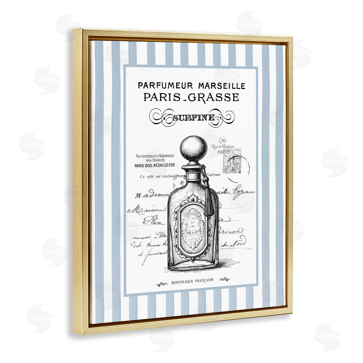 Lettered and Lined French Perfume on Stripes Canvas Wall Art Print