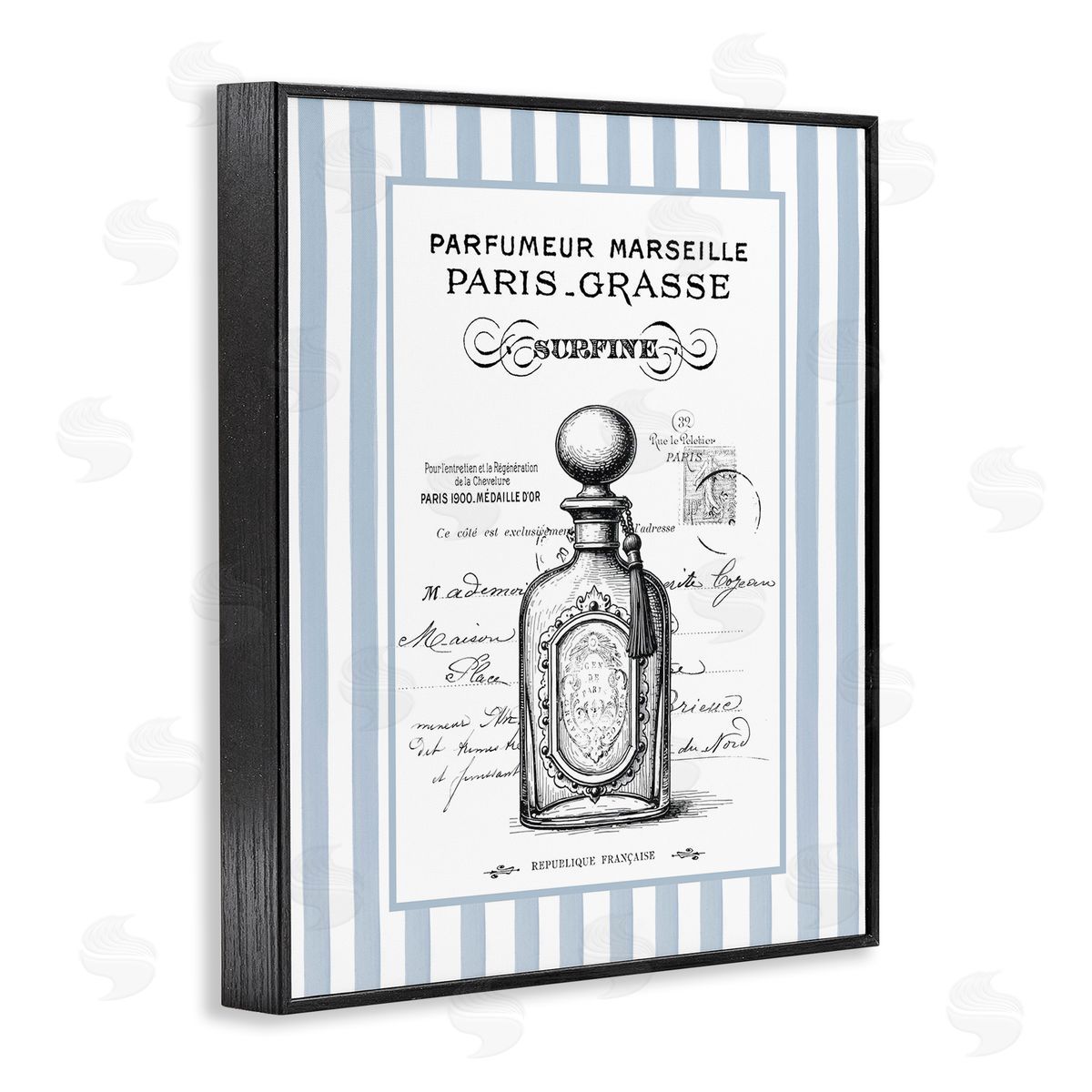 Lettered and Lined French Perfume on Stripes Canvas Wall Art Print
