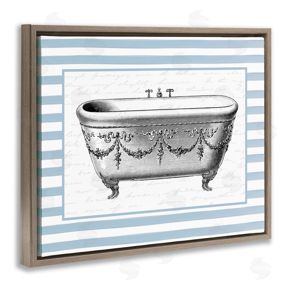 Lettered and Lined Ornate Vintage Tub on Stripes Brown Floating Frame Canvas Art Print