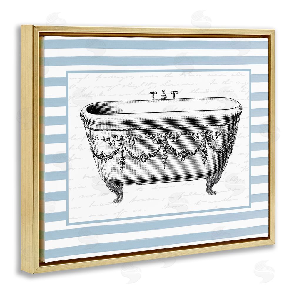 Lettered and Lined Ornate Vintage Tub on Stripes Gold Floating Frame Canvas Art Print