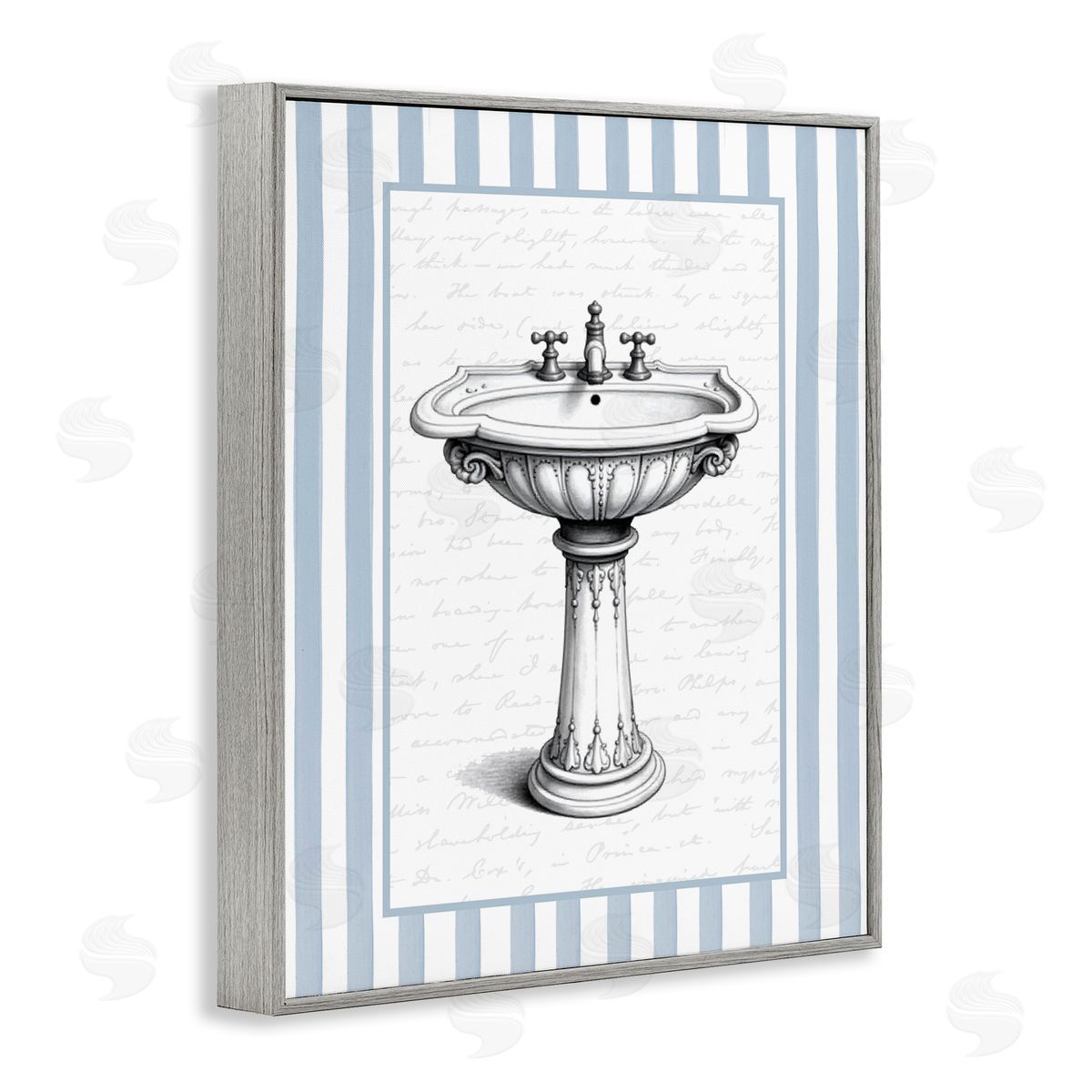 Lettered and Lined Vintage Sink Blue Stripes Canvas Wall Art Print