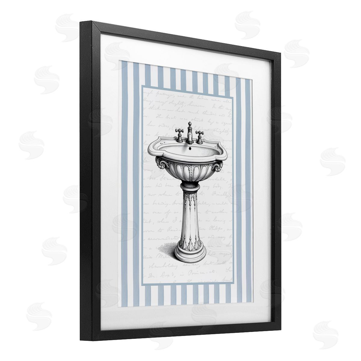 Lettered and Lined Vintage Sink Blue Stripes Canvas Wall Art Print