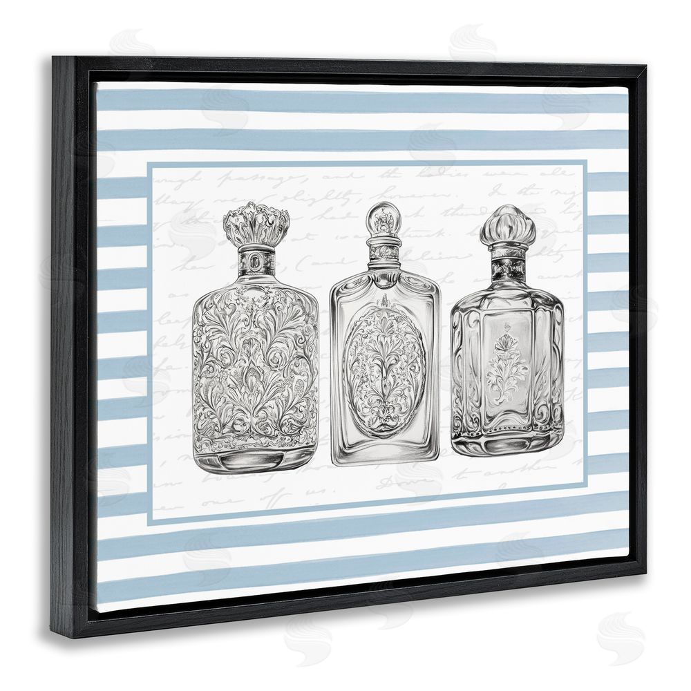 Lettered and Lined Ornate Bottles on Blue Stripes Black Floating Frame Canvas Wall Art Print