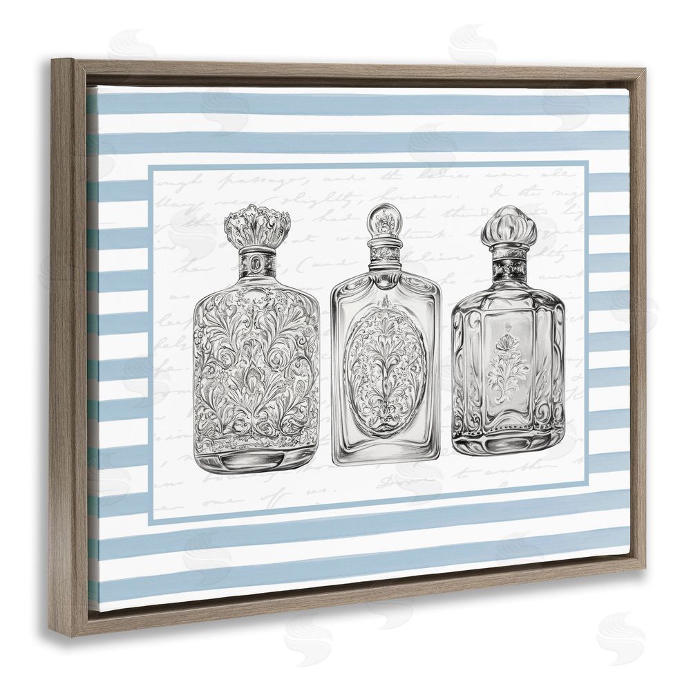 Lettered and Lined Ornate Bottles on Blue Stripes Brown Floating Frame Canvas Art Print