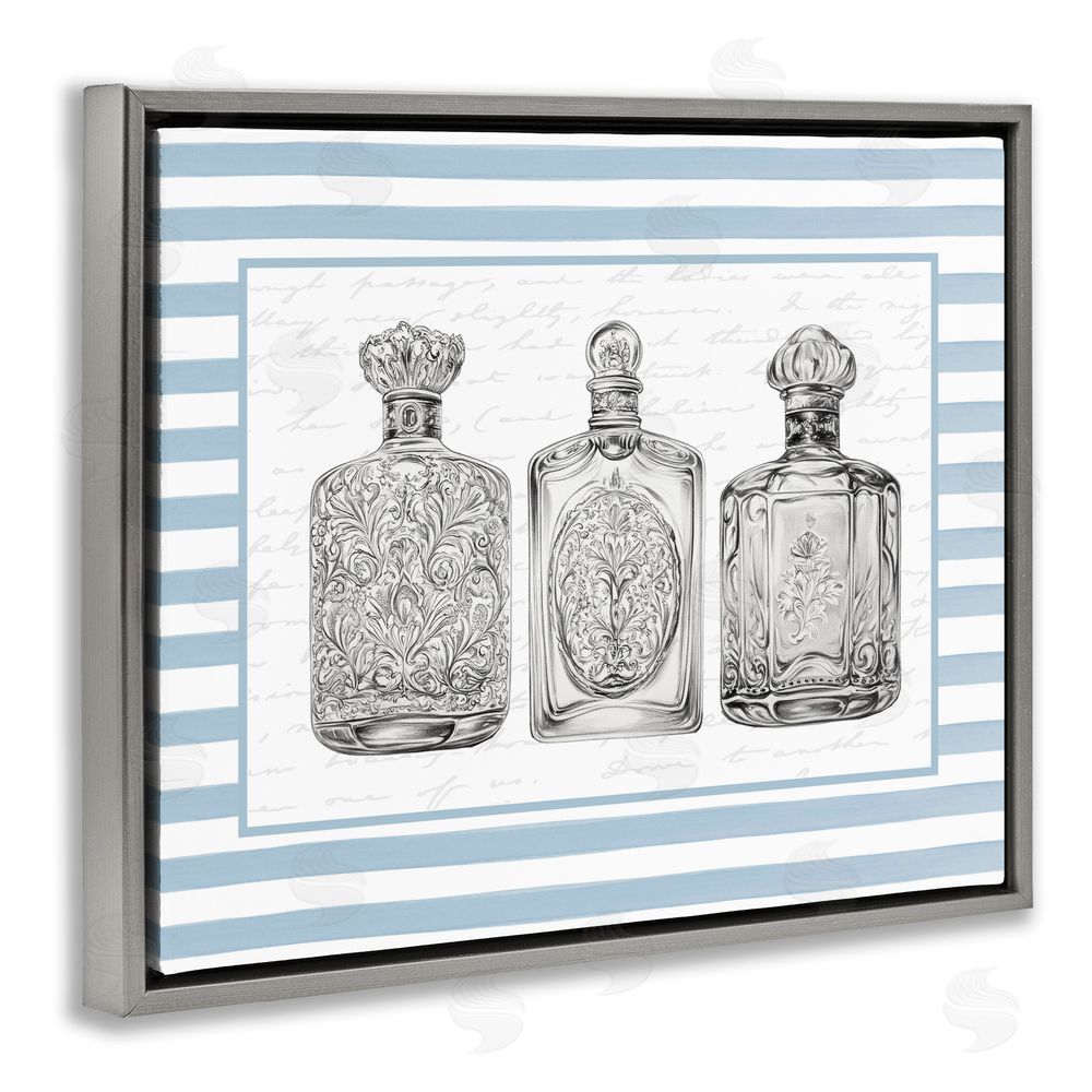 Lettered and Lined Ornate Bottles on Blue Stripes Gray Floating Frame Canvas Art Print