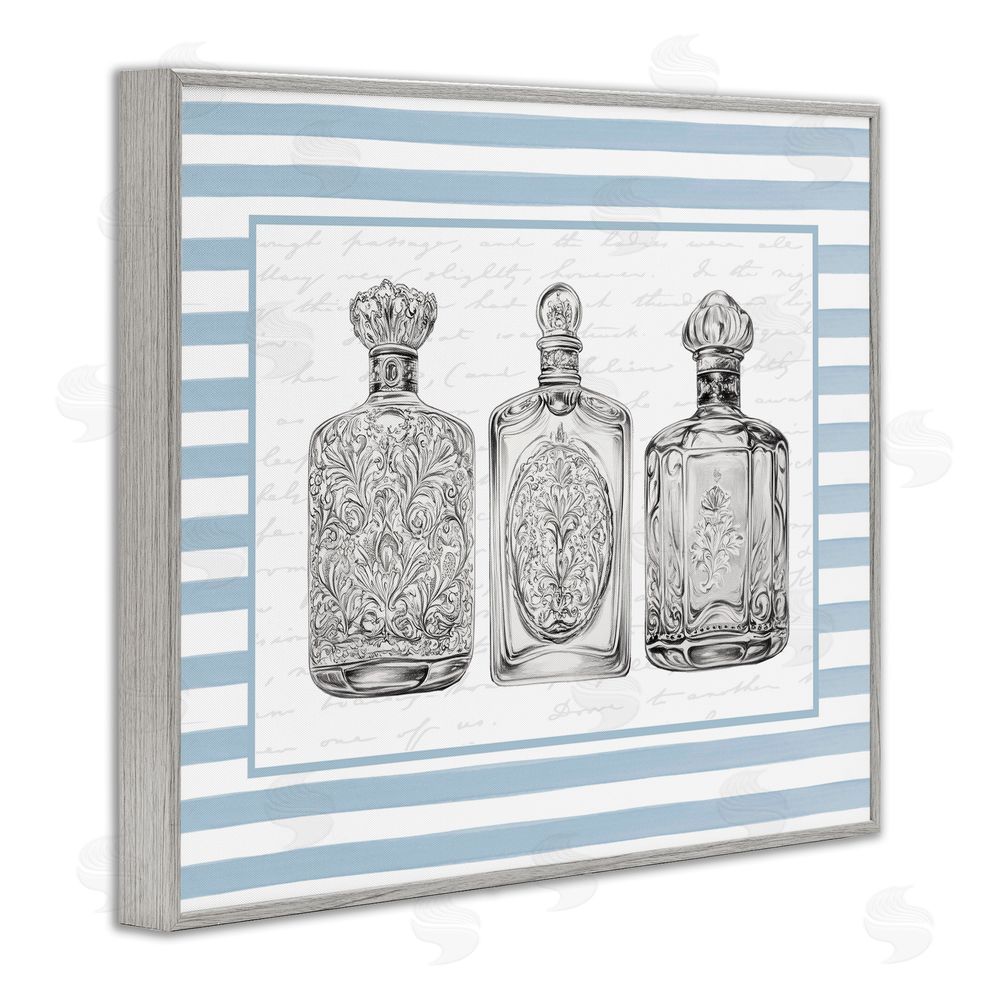Lettered and Lined Ornate Bottles on Blue Stripes Gray Framed Giclee Art Print