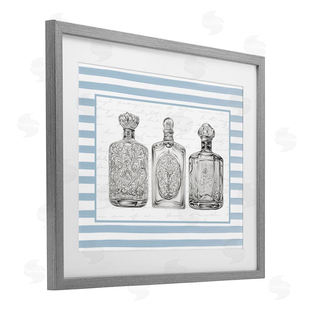 Lettered and Lined Ornate Bottles on Blue Stripes Gray Framed Print Under Glass Art