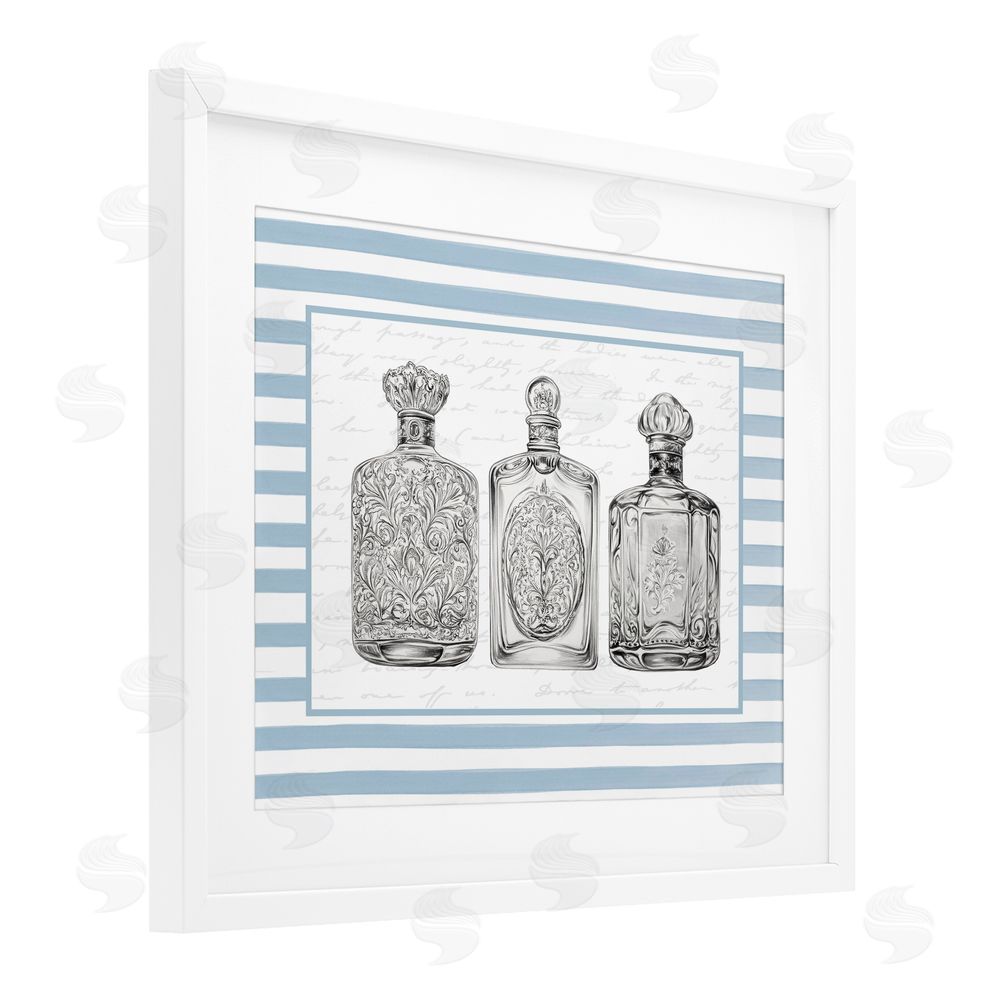 Lettered and Lined Ornate Bottles on Blue Stripes White Framed Print Under Glass Art