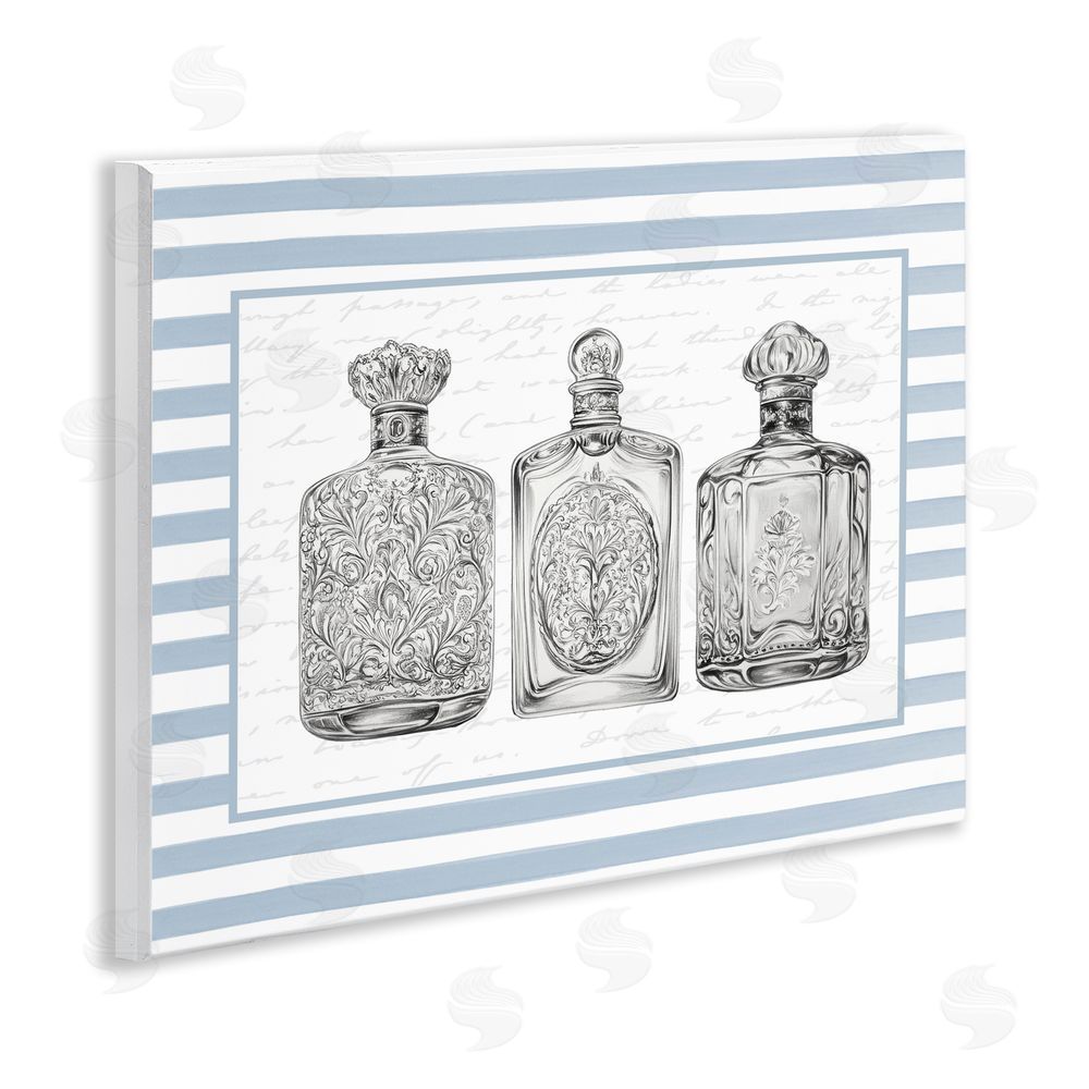 Lettered and Lined Ornate Bottles on Blue Stripes Wall Plaque Art Print