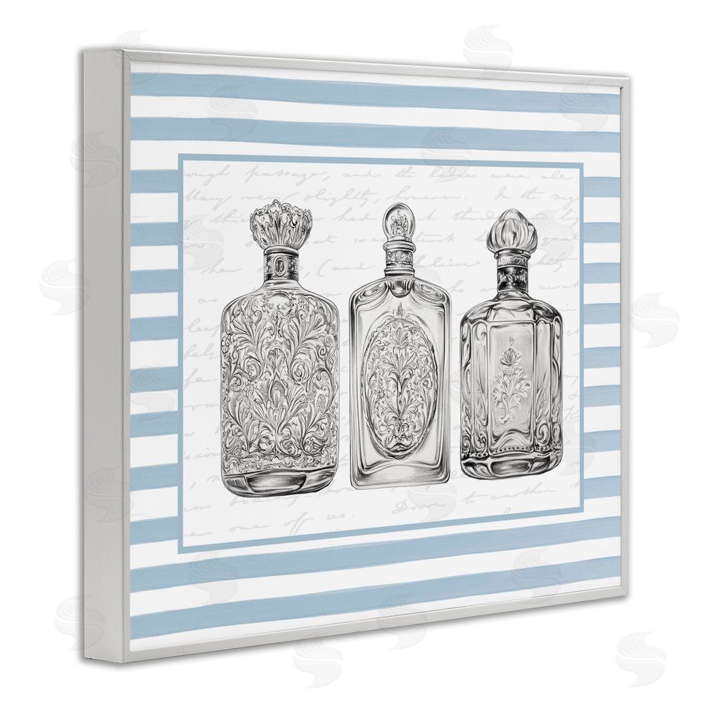 Lettered and Lined Ornate Bottles on Blue Stripes White Frame Giclee Art Print