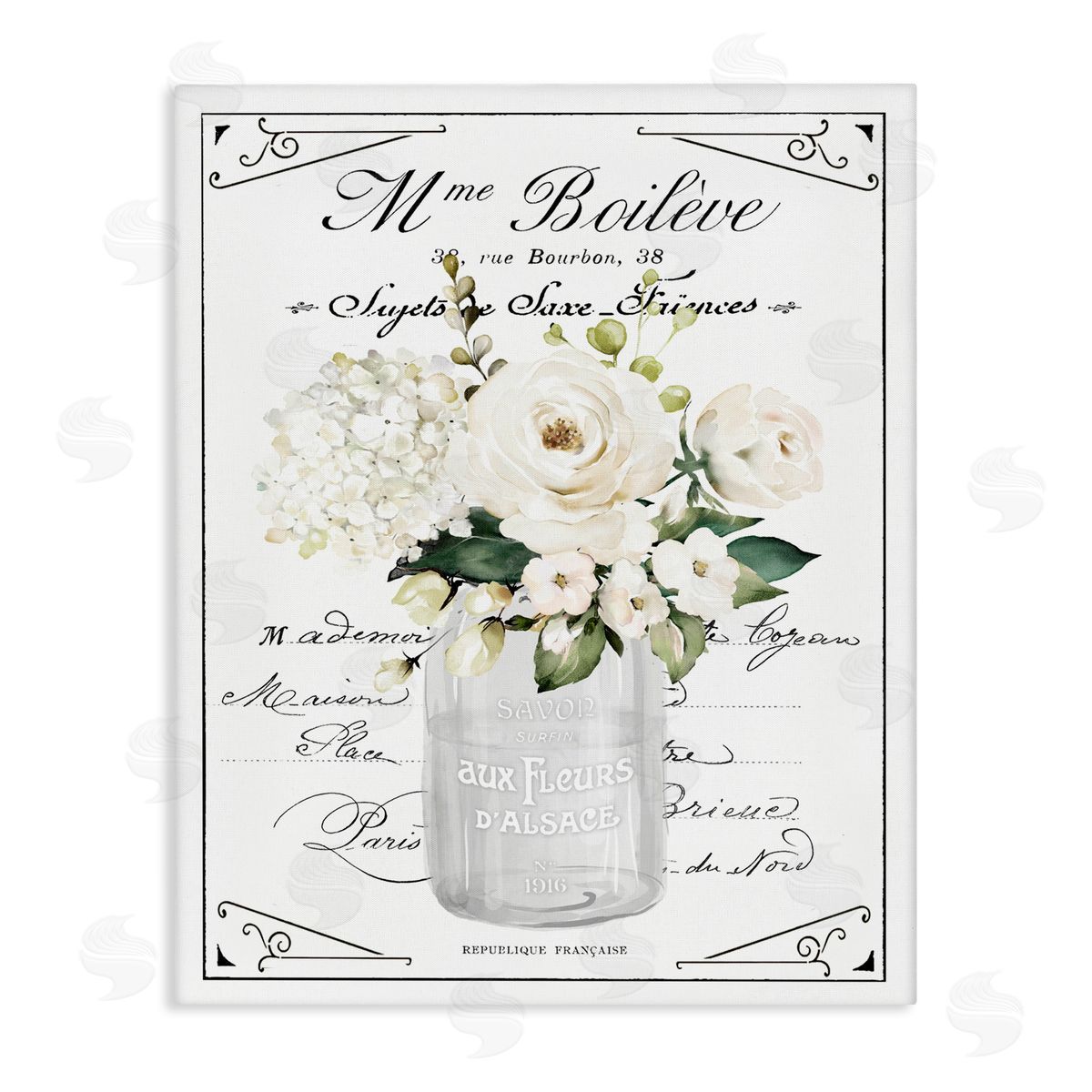 Lettered and Lined French White Flowers & Cursive Canvas Wall Art Print