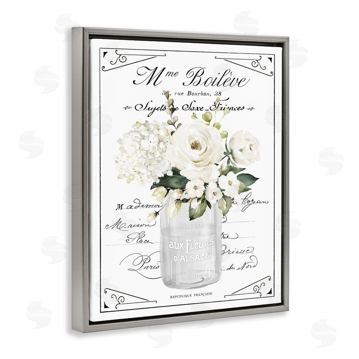 Lettered and Lined French White Flowers & Cursive Canvas Wall Art Print