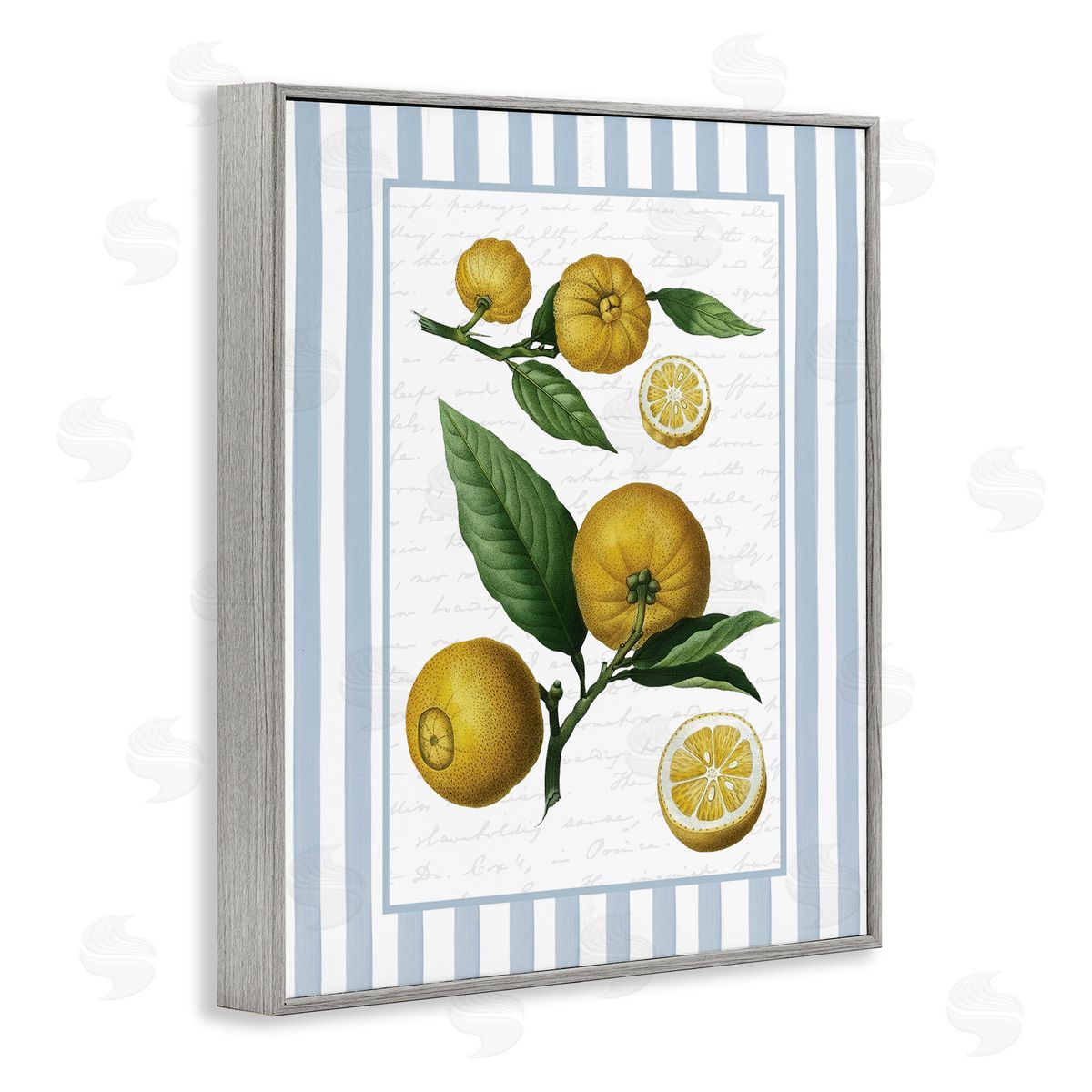 Lettered and Lined Vintage Lemons Blue Stripes Canvas Wall Art Print