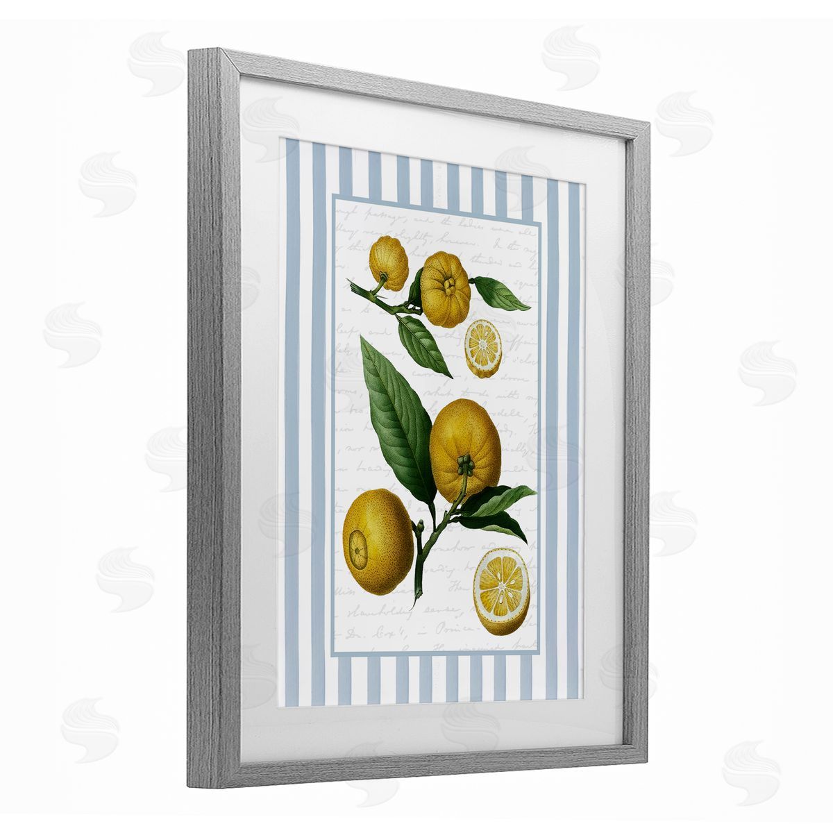 Lettered and Lined Vintage Lemons Blue Stripes Canvas Wall Art Print