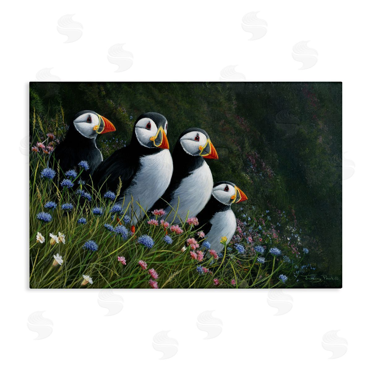 Jeremy Paul Puffins & Wild Flowers Canvas Wall Art Print