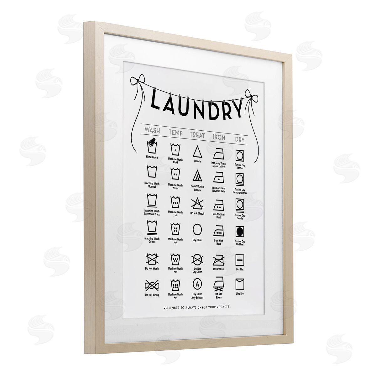 Lettered and Lined Laundry Symbols with Ribbon Accent Canvas Wall Art Print