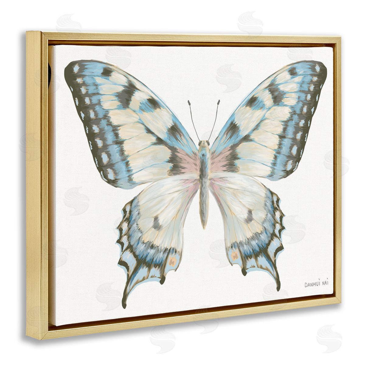 Danhui Nai Blue Brown Accent Butterfly Gold Floating Frame Canvas Art Print