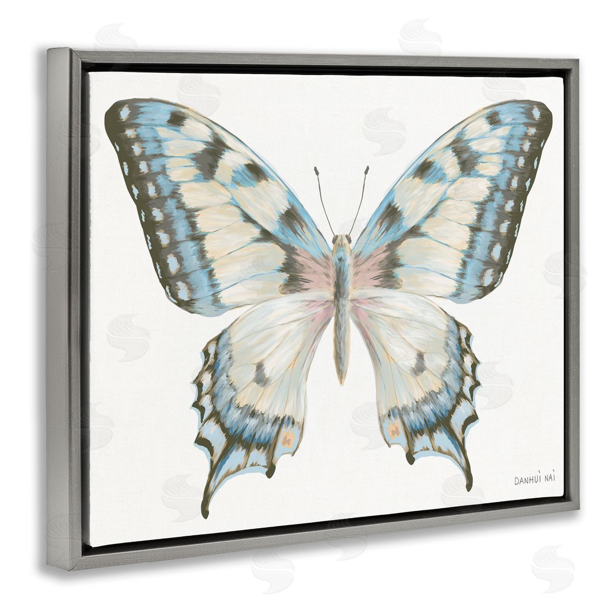 Danhui Nai Blue Brown Accent Butterfly Gray Floating Frame Canvas Art Print