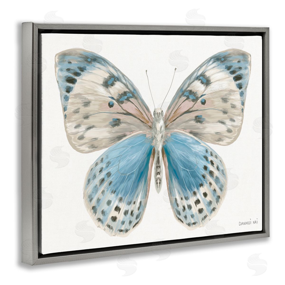 Danhui Nai Blue & White Butterfly Gray Floating Frame Canvas Art Print