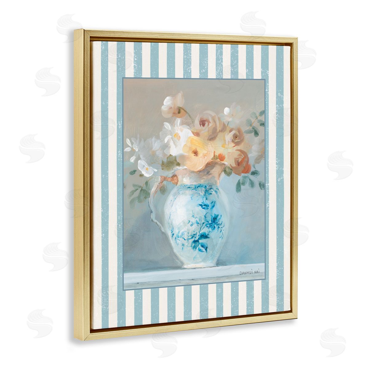 Danhui Nai Heirloom Bouquet with Stripes Gold Floating Frame Canvas Art Print