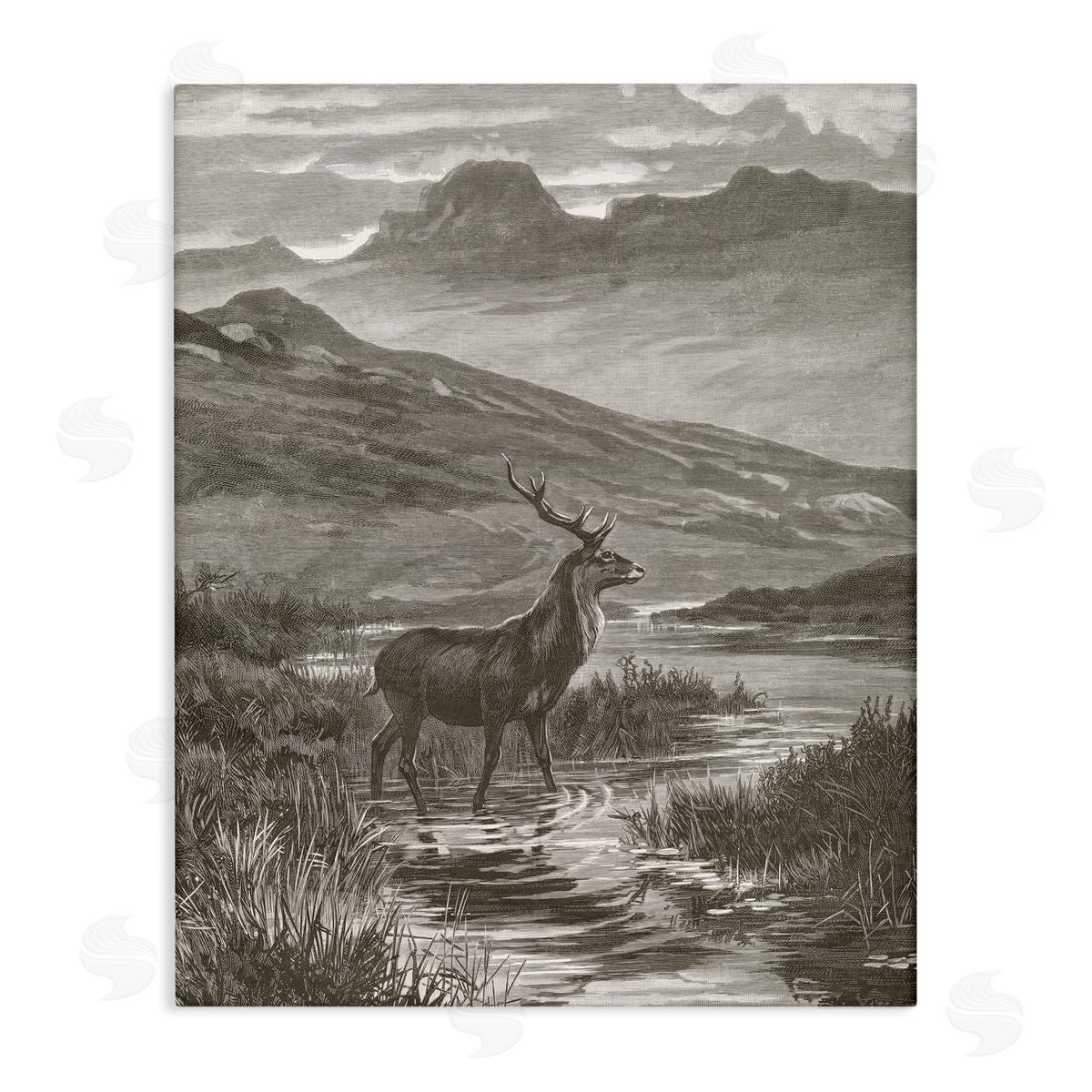 Wild Apple Portfolio Vintage Stag & Mountains Canvas Wall Art Print