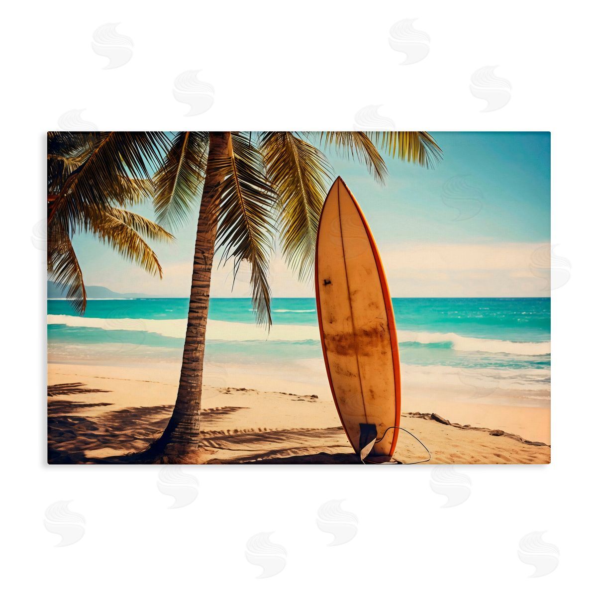 LSR Design Studio Surfboard Standing Near Shore Canvas Wall Art Print