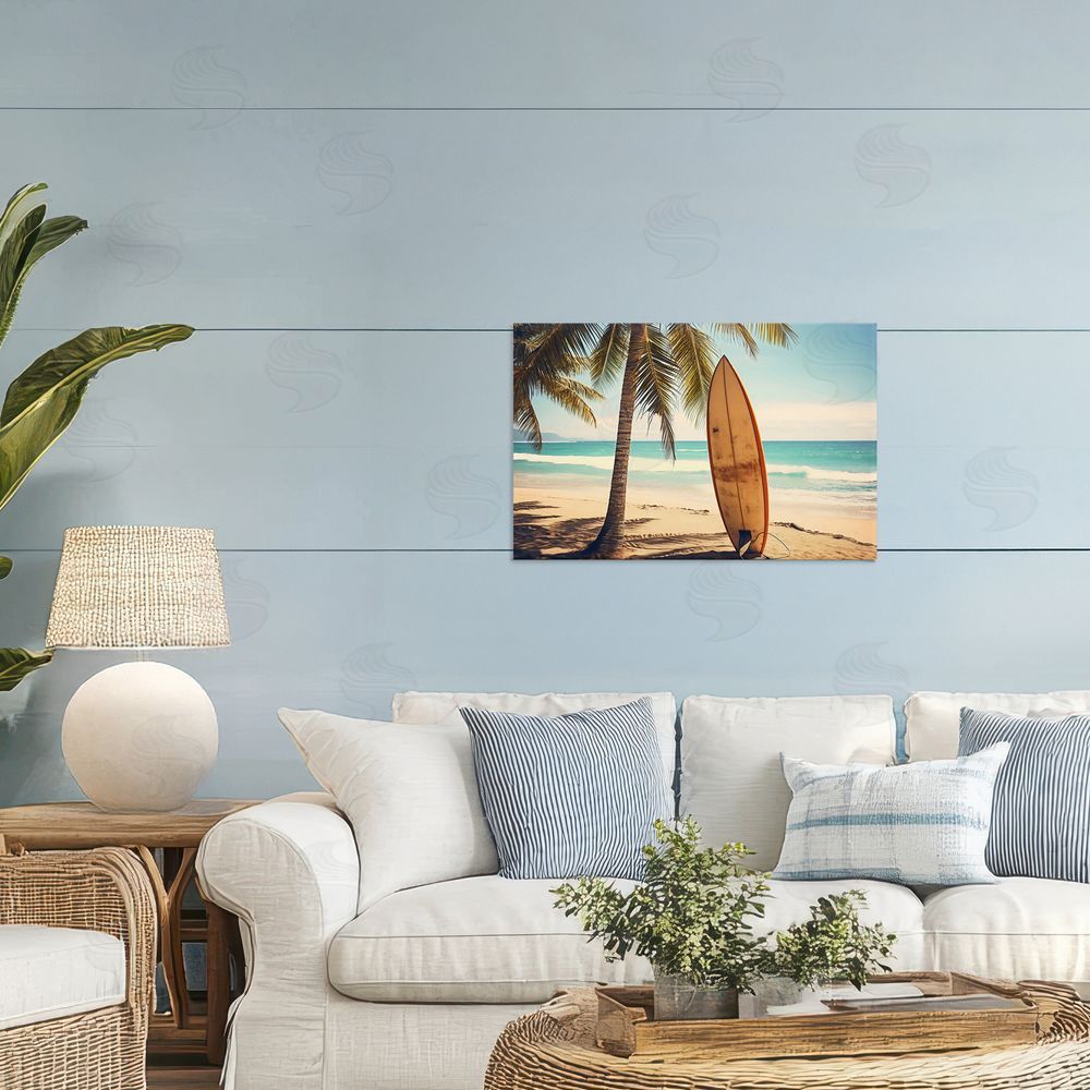 LSR Design Studio Surfboard Standing Near Shore Printed Wall Art in Room