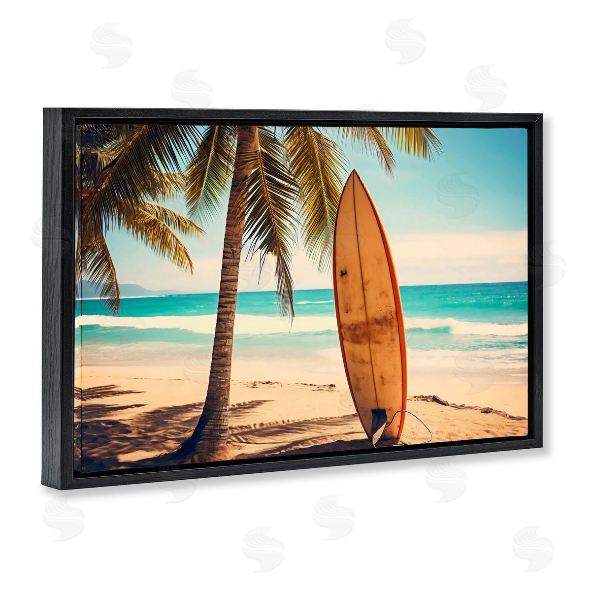 LSR Design Studio Surfboard Standing Near Shore Black Floating Frame Canvas Wall Art Print