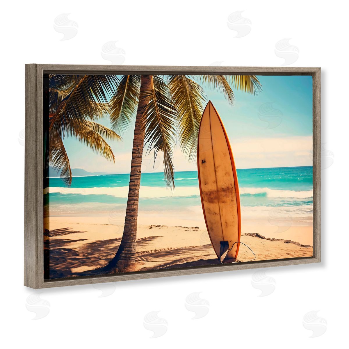 LSR Design Studio Surfboard Standing Near Shore Brown Floating Frame Canvas Art Print
