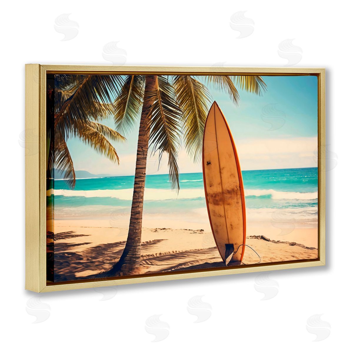 LSR Design Studio Surfboard Standing Near Shore Gold Floating Frame Canvas Art Print