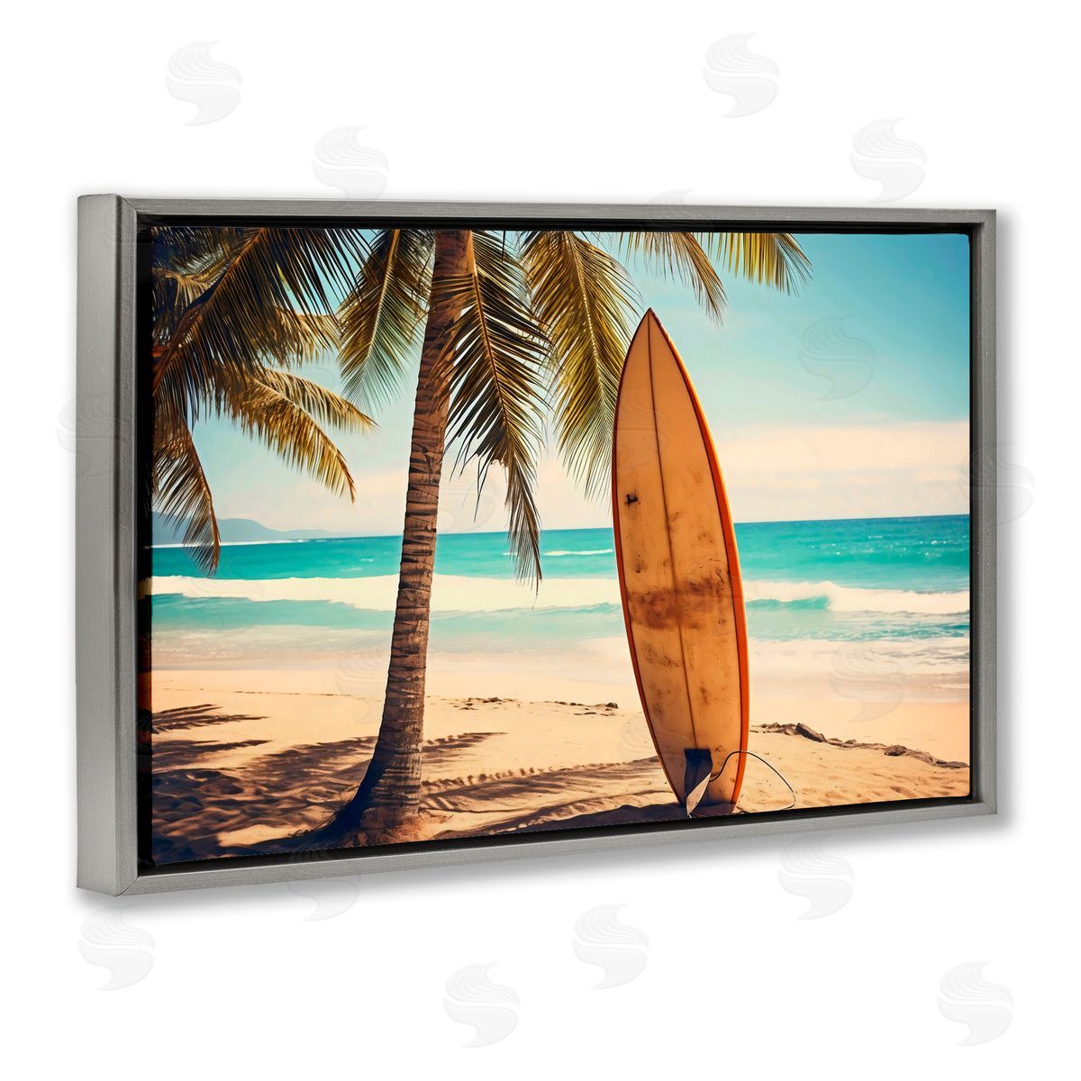LSR Design Studio Surfboard Standing Near Shore Gray Floating Frame Canvas Art Print