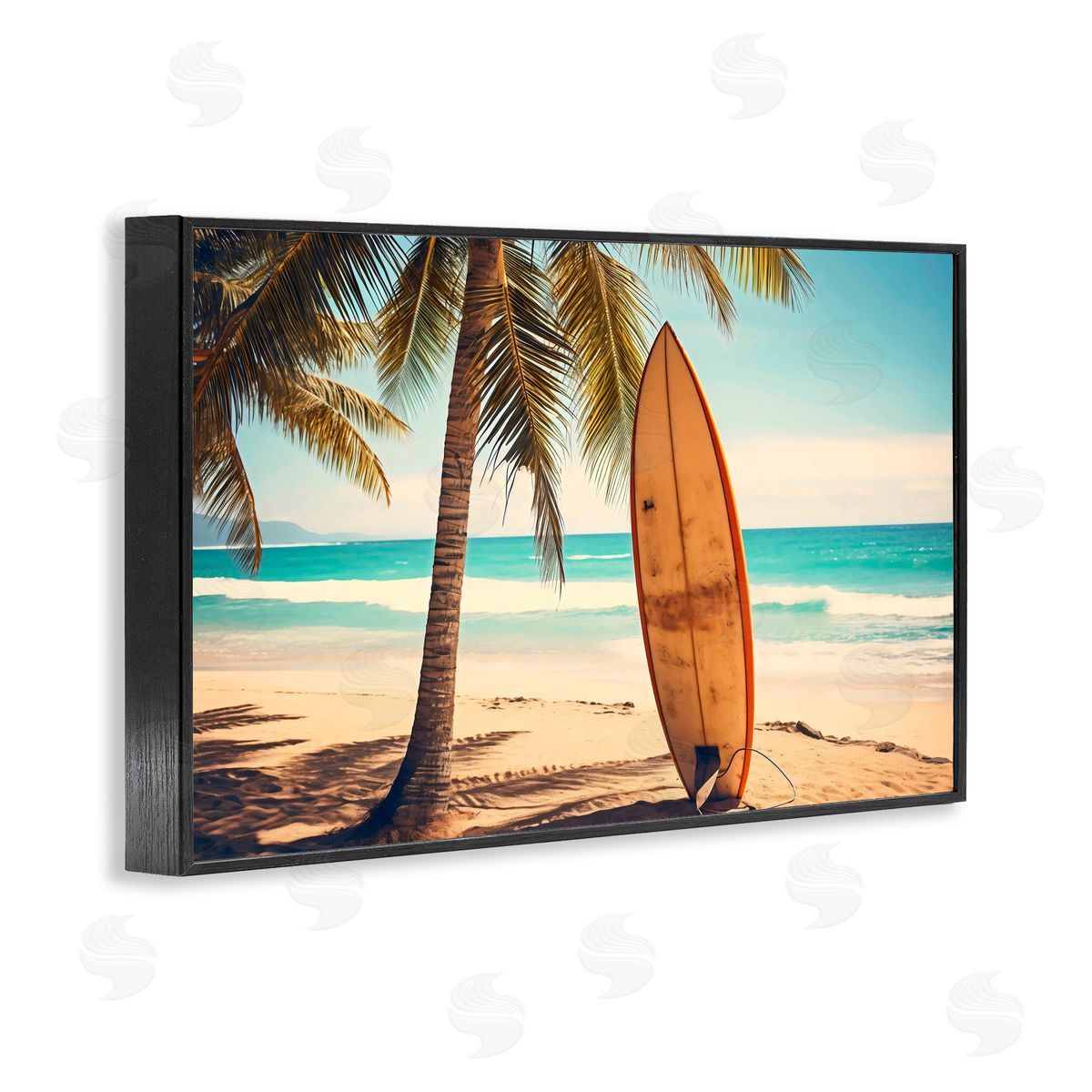 LSR Design Studio Surfboard Standing Near Shore Black Framed Giclee Art Print
