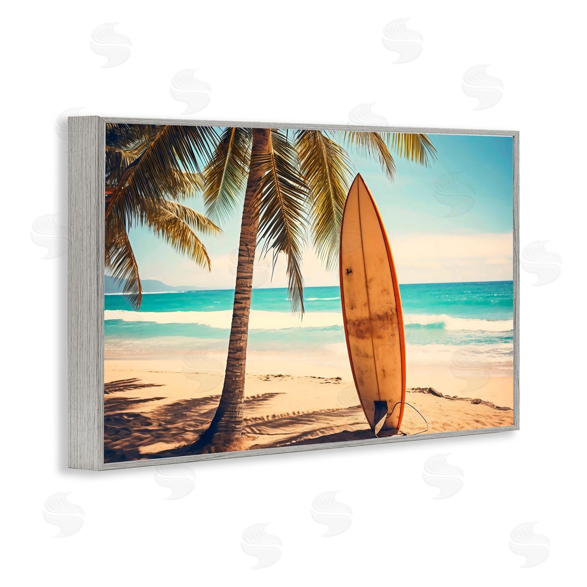 LSR Design Studio Surfboard Standing Near Shore Gray Framed Giclee Art Print
