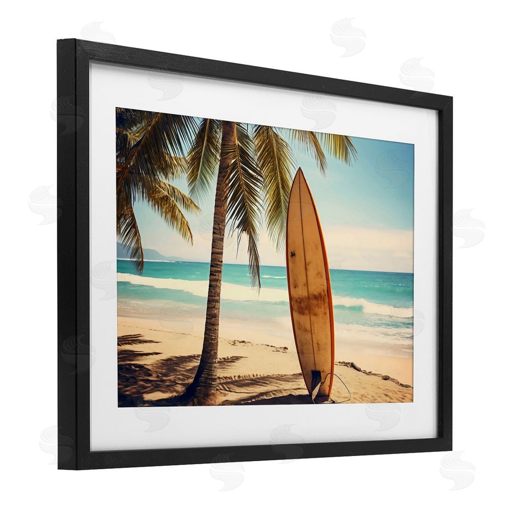 LSR Design Studio Surfboard Standing Near Shore Black Framed Print Under Glass Art