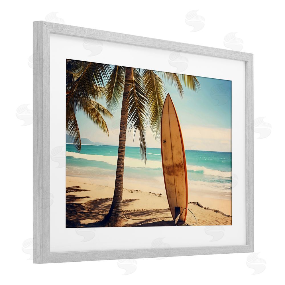 LSR Design Studio Surfboard Standing Near Shore Gray Framed Print Under Glass Art