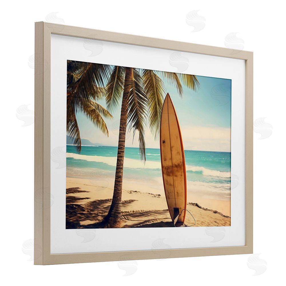 LSR Design Studio Surfboard Standing Near Shore Birch Framed Print Under Glass Art