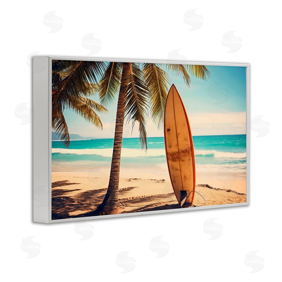 LSR Design Studio Surfboard Standing Near Shore White Frame Giclee Art Print