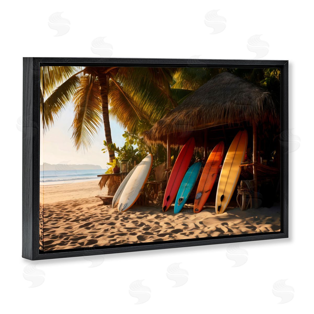 LSR Design Studio Surfboards At Beach Hut Black Floating Frame Canvas Wall Art Print