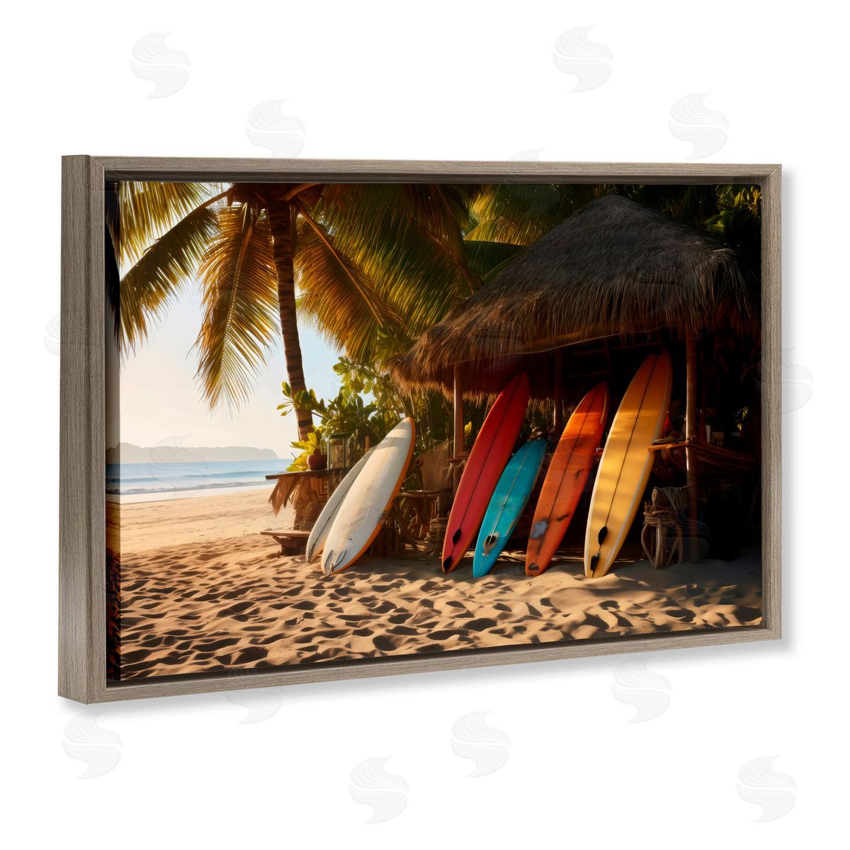 LSR Design Studio Surfboards At Beach Hut Brown Floating Frame Canvas Art Print