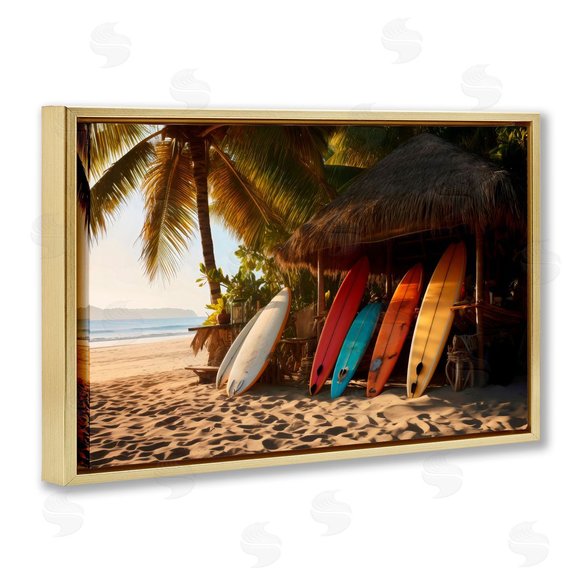 LSR Design Studio Surfboards At Beach Hut Gold Floating Frame Canvas Art Print