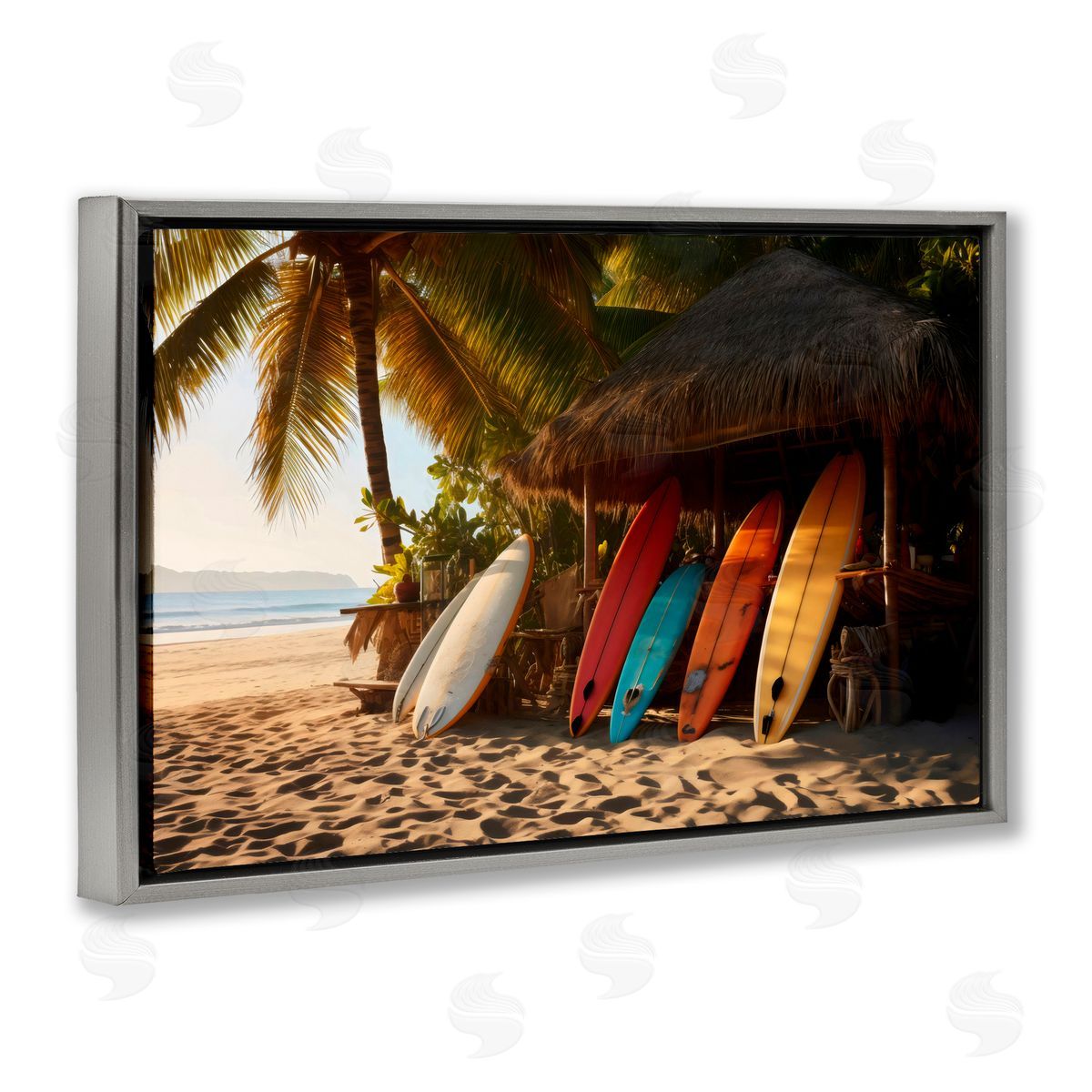 LSR Design Studio Surfboards At Beach Hut Gray Floating Frame Canvas Art Print