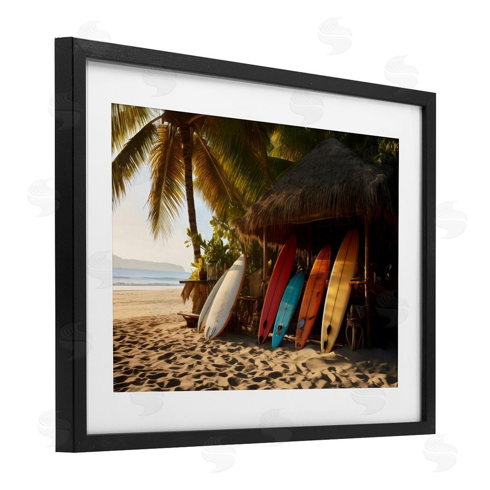 LSR Design Studio Surfboards At Beach Hut Black Framed Print Under Glass Art